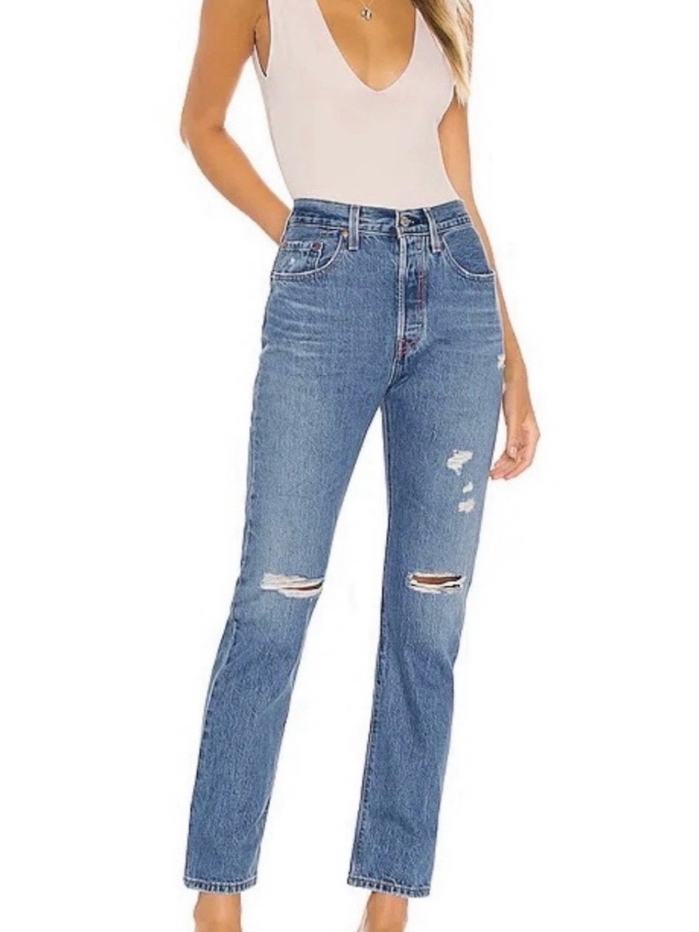 Levi’s Premium 501 Original 26x32 Straight Leg Distressed Blue Jeans 100% Cotton